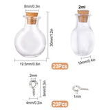 40Pcs 2 Style Glass Bottles, with Cork Stopper, Wishing Bottle, with Iron Screw Eye Pin Peg Bails, Flat Round, Clear, 30x19.5x10mm, Bottleneck: 8mm in diameter, Capacity: 2ml(0.06 fl. oz), 20pcs/style