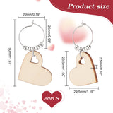 Wood Heart Wine Glass Charms, with Iron Hoop Earring Findings and CCB Plastic Beads, Platinum, 50mm, 50pcs/set