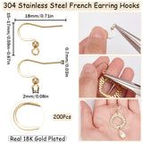200Pcs 304 Stainless Steel French Earring Hooks, Flat Ear Wire with Ball, Real 18K Gold Plated, 21 Gauge, 15~17x18mm, Hole: 2mm, Pin: 0.7mm