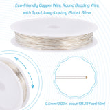 Eco-Friendly Copper Wire, Round Beading Wire, with Spool, Long-Lasting Plated, Silver, 24 Gauge, 0.5mm, about 131.23 Feet(40m)/Bag