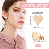 14Pcs Ion Plating(IP) 304 Stainless Steel Heart Stud Earring Findings, with Horizontal Loops & Ear Nuts/Earring Backs, Golden, 12x12mm, Hole: 1mm, Pin: 0.7mm