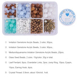 DIY Earring Making, with Round Imitation Gemstone Acrylic Beads, Glass Seed Beads, Leaf Brass Pendants, Iron Eye Pin and Brass Earring Hooks, Mixed Color, Plastic Box: 11x7x3cm