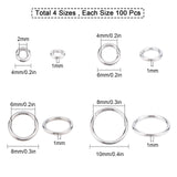 400Pcs 4 Style 304 Stainless Steel Open Jump Rings, Stainless Steel Color, 8x1mm, Inner Diameter: 6mm