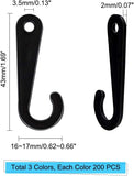 Plastic J-Hooks, Sock Display Hooks, Black & Clear & White, 43x16~17x2mm, Hole: 3.5mm, 3colors, 200pcs/color, 600pcs/set