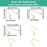 120Pcs 6 Style Brass French Hooks with Coil and Ball, Ear Wire, Real 18K Gold Plated, 11.5~18x15.5~22.5x0.5~3mm, Hole: 1.5~2.5mm, Pin: 0.5~0.8mm, 20Pcs/style