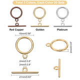 Tibetan Style Alloy Toggle Clasps, Cadmium Free & Nickel Free & Lead Free, Golden & Platinum & Red Copper, Flat Round: 15x2mm, Hole: 2mm, Bar: 21mm, Hole: 2mm, 20sets/color, 60sets/box