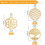 36Pcs 9 Style Brass Pendants, Filigree Pendants, Flat Round & Flower, Mixed Color, 4pcs/style