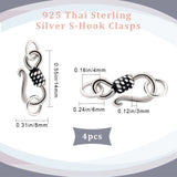 4Pcs 925 Thai Sterling Silver S-Hook Clasps with Double Jump Rings, Antique Silver, 14x8x3mm, Hole: 4mm