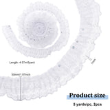 Polyester Lace Trim, Pleated Ribbon, with Paillette, White, 2 inch(50mm), 5 yards/card