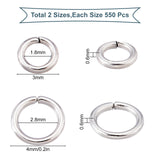 1100Pcs 2 Style 304 Stainless Steel Open Jump Rings, Round Ring, Stainless Steel Color, 18 Gauge, 3~4x0.6mm, Inner Diameter: 1.8~2.8mm, 550pcs/style