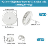 20Pcs Brass Stud Earring Settings, Flat Round, with 20Pcs Friction Ear Nuts, 925 Sterling Silver Plated, 12mm, Tray: 10mm