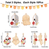 30Pcs 3 Style Halloween Alloy Enamel Pendants, Light Gold, Skull with Rose & Rhombus with Skull & Flower & Butterfly & Awl with Rose, Mixed Color, 30x10~22x1mm, Hole: 2mm, 10pcs/style