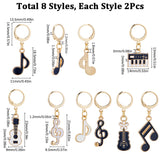 Musical Note & Instrument Alloy Enamel Pendant Stitch Markers, Crochet Leverback Hoop Charms, Locking Stitch Marker with Wine Glass Charm Ring, Black, 2.8~4cm, 8 style, 2pcs/style, 16pcs/box