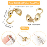 100Pcs Brass Bead Tips, Calotte Ends, Clamshell Knot Cover, Round Shape, Real 14K Gold Plated, 10x5mm, Hole: 0.9mm, Inner Diameter: 4.5mm