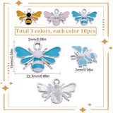 30Pcs 3 Colors Alloy Enamel Pendants, Bee Charm, Platinum, 15x22.5x2mm, Hole: 2mm, 10pcs/color