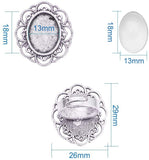 13x18mm Oval Transparent Glass Cabochons and Iron Flower Finger Ring Components Alloy Cabochon Bezel Settings for DIY, Antique Silver, 17mm inner diameter, Tray: 13x18mm