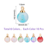 60pcs 6 colors Two Tone Transparent Spray Painted Glass Pendants, with Light Gold Plated Brass Findings, Frosted, with Glitter Powder, Round, Mixed Color, 12x8mm, Hole: 2mm, 10pcs/colors