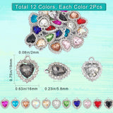 24Pcs 12 Colors Alloy Glass Pendants, Rhinestone Heart Charm, Platinum, Mixed Color, 19x16x5.8mm, Hole: 2mm, 2Pcs/color