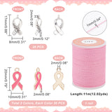 60Pcs 3 Style Alloy Enamel Pendants, October Breast Cancer Pink Awareness Ribbon Shape, with 11M Waxed Polyester Cord, Cancer Awareness Theme, Mixed Color, 20x10x2mm, 17x8x3mm, Hole: 2mm, 20Pcs/style
