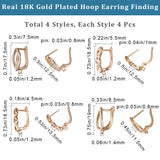 16Pcs 4 Styles Triangle & Heart & Leaf & Curb Chains Shape Brass Hoop Earring Findings with Latch Back Closure, with Horizontal Loop, Real 18K Gold Plated, 18.5~19x4.5~8.5x11.5~13.5mm, Hole: 1.2~1.4mm, Pin: 1x0.8mm, 4Pcs/style