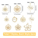 14Pcs 7 Styles Alloy Pendants, with Rhinestone and ABS Plastic Imitation Pearl Beads, Flat Round & Flower & Sun, Light Gold, 2pcs/style