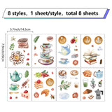 8 Sheets 8 Styles Coffee Theme PVC Waterproof Wall Stickers, Self-Adhesive Decals, for Window or Stairway Home Decoration, Rectangle, Food, 200x145mm, about 1 sheets/style