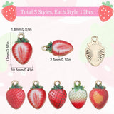 50Pcs 5 Styles Printed Alloy Pendants, Strawberry Charm, Light Gold, Mixed Color, 17x10.5x2.5mm, Hole: 1.8mm, 10pcs/style