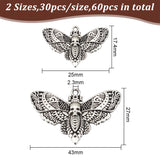 60PCS 2Styles Alloy Pendants, Moth, Antique Silver, 17.4~27x25~43x1.8~3mm, Hole: 2.3mm, 30pcs/style