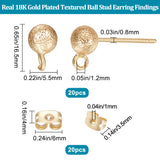 20Pcs Brass Ball Stud Earring Findings, with Vertical Loops and 20Pcs Ear Nuts, Textured Round, Real 18K Gold Plated, 16.5x5.5mm, Hole: 1.2mm, Pin: 0.8mm
