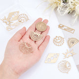 12Pcs 6 Style Brass Pendants, DIY Accessories, for Bracelets, Earrings, Necklaces, Hollow, Half Round & Round Ring & Rhombus & Moon & Star & Rectangle & Sun, Raw(Unplated), 22.5~41.5x11~30x0.5~0.7mm, Hole: 1.2~2mm, 2pcs/color
