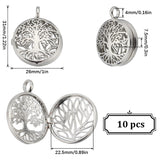 10Pcs Hollow Brass Cage Pendants, Flat Round with Tree of Life, Platinum, 31x26x7.5mm, Hole: 4mm, Inner Measure: 22.5mm