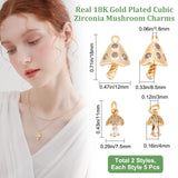 10Pcs 2 Styles Brass Clear Cubic Zirconia Pendants, Mushroom Charm, Real 18K Gold Plated, 11~18x7.5~12x4~8.5mm, Hole: 1.6~3mm, 5pcs/style