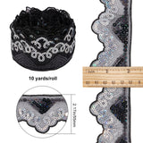 Waved Polyester Lace Trim, with Paillette, Black, 2 inch(50mm), about 10 yards/pc