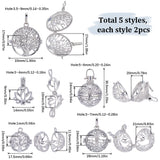 10Pcs 5 Styles Filigree Brass Cage Pendants, For Chime Ball Pendant Necklaces Making, Mixed Shapes, Platinum, 17.5~37mm, Inner Measure: 10~27mm, 2pcs/style