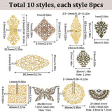DIY Jewelry Making Finding Kit, Including 80Pcs 10 Styles Iron Big Pendants & Links, Etched Metal Embellishments, Flower & Rectangle & Flat Round, Mixed Color, 40~80.5x24~40x0.5~0.6mm, Hole: 1~3mm, 8Pcs/style