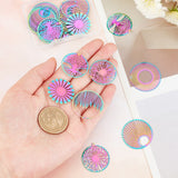 24Pcs 6 Style Ion Plating(IP) 201 Stainless Steel Filigree Pendants, Etched Metal Embellishments, Flat Round & Tree of Life & Flower & Dandelion, Rainbow Color, 27x25x0.2mm, Hole: 1.4mm