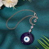 Glass Evil Eye Pendant Decorations, Moon Hanging Ornament, with Iron Chain, for Car Hanging Accessories, Antique Silver, 290mm