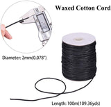 Waxed Cotton Thread Cords, Black, 2mm, about 100yards/roll