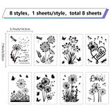 8 Sheets 8 Styles PVC Waterproof Wall Stickers, Self-Adhesive Decals, for Window or Stairway Home Decoration, Rectangle, Flower, 200x145mm, about 1 sheets/style