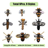 9Pcs 9 Style Bees & Dragonfly Handicraft Acrylic & Glass Beaded Appliques, with Rhinestones, Costume Accessories, Mixed Color, 29~50x24~62x6~9mm, 1pc/style