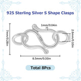 8Pcs 925 Sterling Silver S Shape Clasps, S-Hook Clasps, with Double Jump Rings, 925 Sterling Silver Plated, 8.5x7x1mm, Hole: 2.6mm