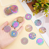 24Pcs 6 Style Ion Plating(IP) 201 Stainless Steel Filigree Pendants, Etched Metal Embellishments, Flat Round with Mixed Patterns, Rainbow Color, 32x30x0.3mm, Hole: 1.5mm, 4pcs/style