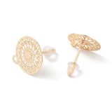 24Pcs 4 Style Brass Stud Earring Findings, Flat Round with Flower, with Horizontal Loops and 50Pcs Plastic Ear Nuts, Nickel Free, Real 18K Gold Plated, 12.5~20x11~18mm, hole: 1~1.4mm, Pin: 0.6~0.7mm, 6Pcs/style