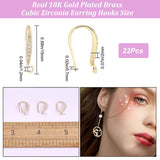 22Pcs Brass Micro Pave Clear Cubic Zirconia Earring Hooks, with Vertical Loops, Real 18K Gold Plated, 15x2mm, Hole: 1.2mm, Pin: 0.7mm