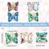 32Pcs 4 Colors Brass with Glass Charms, with Crystal Rhinestone, Butterfly, Mixed Color, 10x12x4mm, Hole: 1.2mm, 8pcs/color