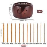 Wooden Yarn Ball Bowl, with Bamboo Knitting Needles Set, for Knitting and Crochet, Coconut Brown, Bowl: 135x80.5mm, Inner Diameter: 120.5mm, 1pc, Needles Set: 150mm, 12pcs