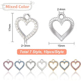 70Pcs 7 Style Alloy Charms, with Rhinestone, Heart, Mixed Color, 17x15x2~3mm, Hole: 2.4~2.5mm, 10pcs/style
