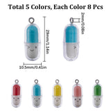 40Pcs 5 Colors Translucent Plastic Pendants, Pill Capsule Charm, with Platinum Tone Iron Loops, Mixed Color, 29x10.5mm, Hole: 2mm, 8pcs/color