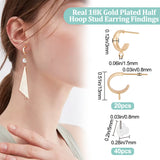 20Pcs Brass Stud Earring Findings, Half Hoop Earring Finding with with Vertical Loops and Steel Pins, with 40Pcs Plastic Ear Nut, Nickel Free, Real 18K Gold Plated, 13x3mm, Hole: 1.5mm, Pin: 0.8mm