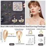 30Pcs Brass Stud Earring Findings, with Horizontal Loops, Teardrop, Nickel Free, 30Pcs Open Jump Rings & 100Pcs Plastic Ear Nuts, Real 18K Gold Plated, 17x8.5mm, Hole: 1.8mm, Pin: 0.8mm